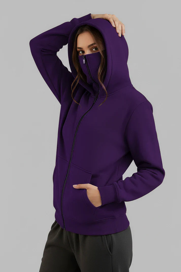 Winter Purple Balaclava Ninja Zipper Hoodie Jacket For Women