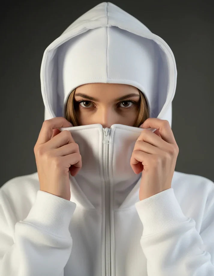 Winter White Balaclava Ninja Zipper Hoodie Jacket For Women