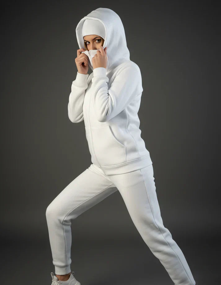 Winter White Balaclava Ninja Zipper Hoodie Jacket For Women