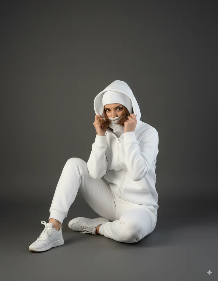 Winter White Balaclava Ninja Zipper Hoodie Jacket For Women